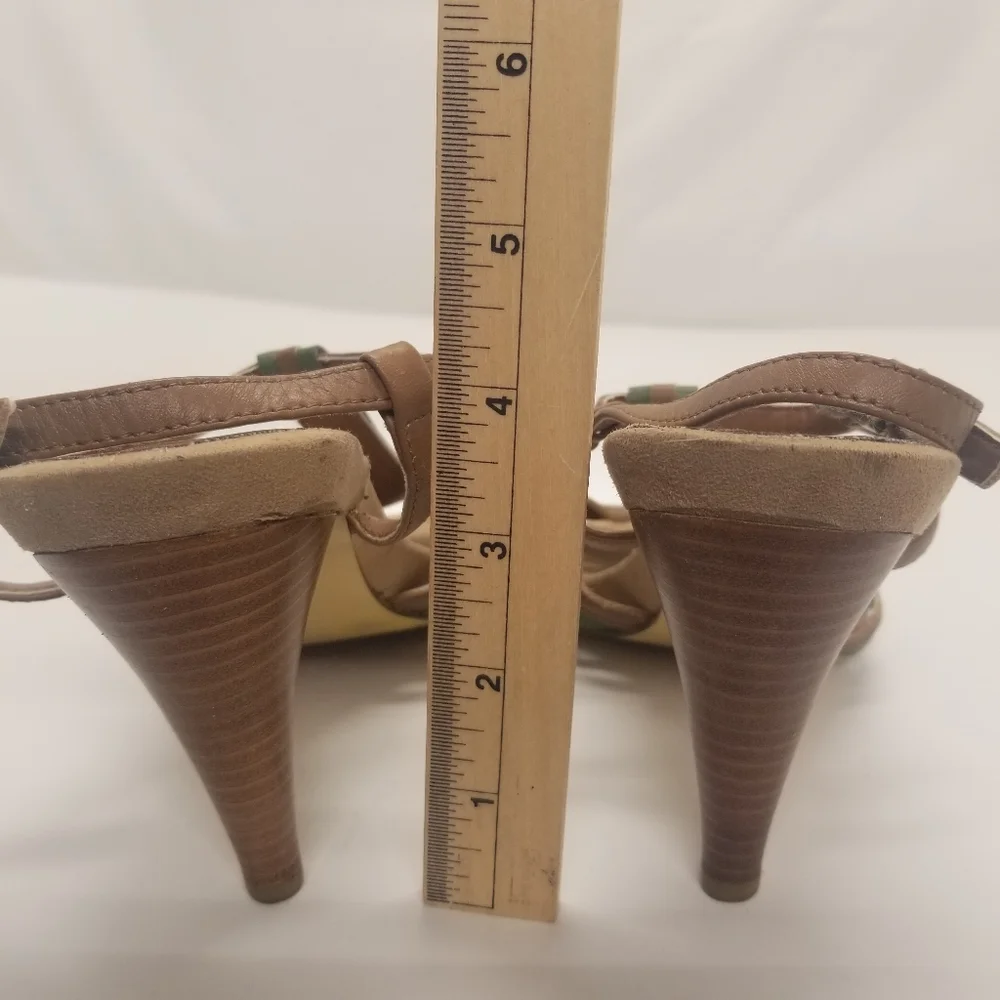Bandolino Woman Sz 8 Slingback Ankle T Strap Tan Green Sandal Open Toe High Heel